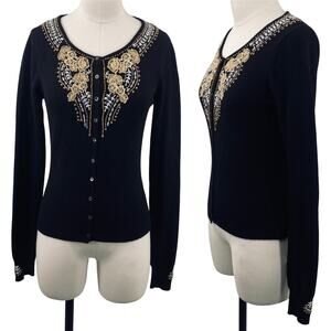 Vintage Y2k Beaded Cashmere Cardigan Button Front Black Gold Womens Small